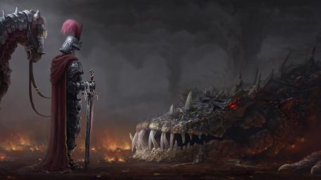 Epic Battle Between Knight and Dragon in a Dystopian Realm wallpaper