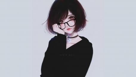 Thoughtful Anime Girl with Glasses wallpaper