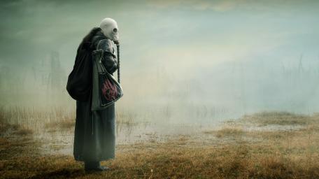 Apocalyptic Wanderer in Misty Wasteland wallpaper