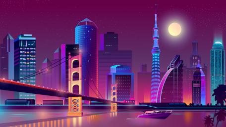 Neon Cityscape Under a Full Moon wallpaper