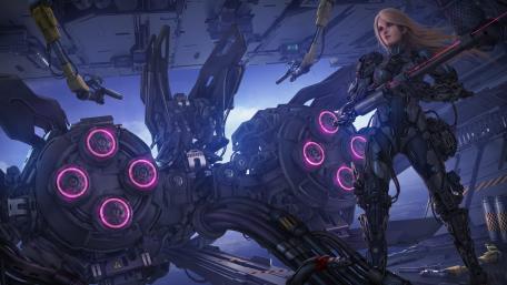 Cyborg Warrior Woman in Futuristic Battle Scene wallpaper