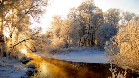Serene Winter River Scene with Snowy Landscape wallpaper