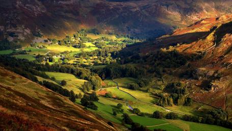Vibrant Valley with Sunlit Landscape wallpaper