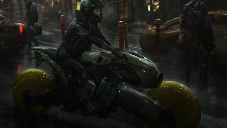 Futuristic Cyberpunk Motorcyclist in a Dystopian Cityscape wallpaper