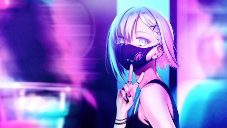 Mysterious Neon Night with Masked Anime Girl wallpaper