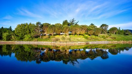 green-trees-blue-sky-golf-course-pond-water-reflection wallpaper