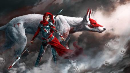 Red Warrior and Mythical Beast in Battle wallpaper