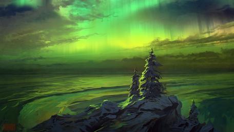 Majestic Aurora Over Enchanted Snowy Landscape wallpaper