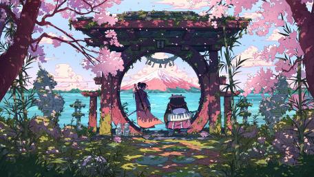 Samurai Contemplation Amidst Cherry Blossoms wallpaper