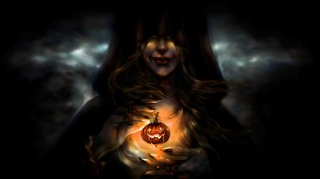 Mystical Halloween Witch and Glowing Pumpkin wallpaper