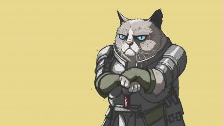 Grumpy Cat Knight on a Yellow Background wallpaper