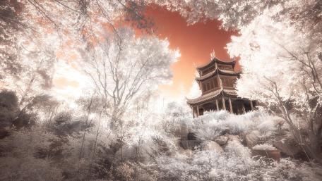 Majestic Pagoda Amidst Surreal Landscapes wallpaper