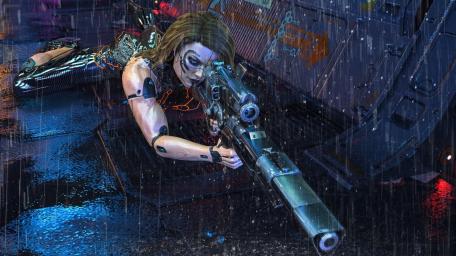 Futuristic Cyborg Sniper in Action wallpaper