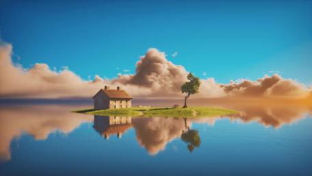 Serene Island Reflection in Blue wallpaper
