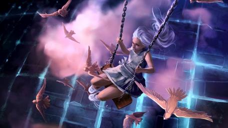 Dreamy Flight Through Magical Skies with Birds and Swing Gliding wallpaper