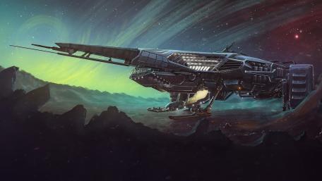 Futuristic Battleship over Alien Terrain wallpaper