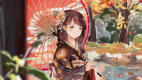 Kimono-Clad Beauty in Autumn Magic wallpaper