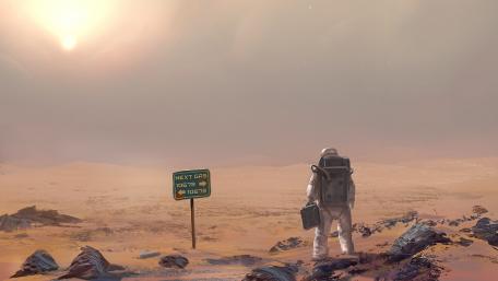 Exploring Distant Horizons in a Futuristic Desert Landscape wallpaper