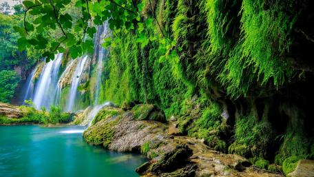 Tranquil Waterfall Amidst Lush Greenery wallpaper