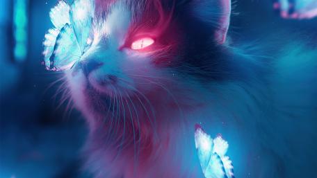 Mystical Feline Gaze amidst Luminous Butterflies wallpaper