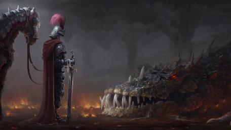 Epic Duel Between Knight and Dragon in a Dark Realm wallpaper