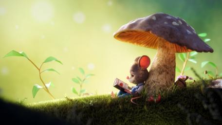 Enchanted Mouse Reading Under Mushroom Shade wallpaper