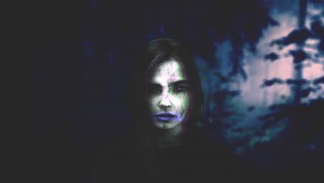 Mystical Glitch in a Midnight Forest Scene wallpaper