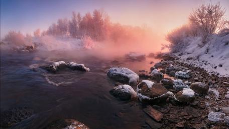 Winter's Misty River Beauty wallpaper