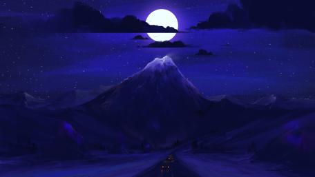 Moonlit Mountain Road Under Starry Night Sky wallpaper