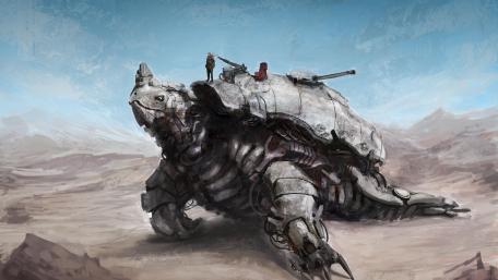 Giant Mechanized Turtle in a Dystopian Landscape wallpaper