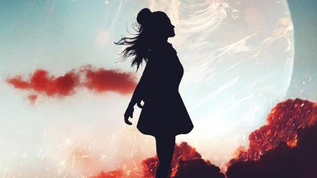 Dreamy Silhouette of a Girl Under a Cosmic Sky wallpaper