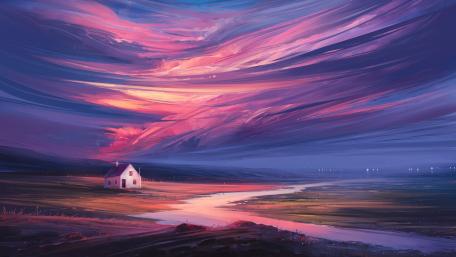 Dawn's Dreamscape House and River wallpaper