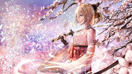 Samurai Girl Amidst Blossoming Sakura wallpaper