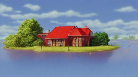 AI-Art: a shiny Community hall on the shore of an old lake wallpaper