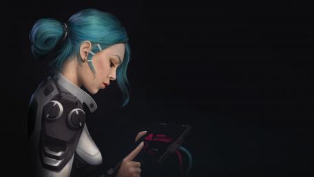 Futuristic Dreamscape with Blue-Haired Technician wallpaper