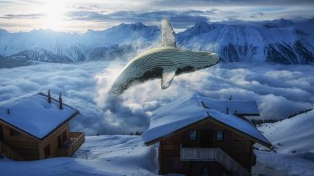 Dreamlike Whale Above Snowy Mountain Villages wallpaper