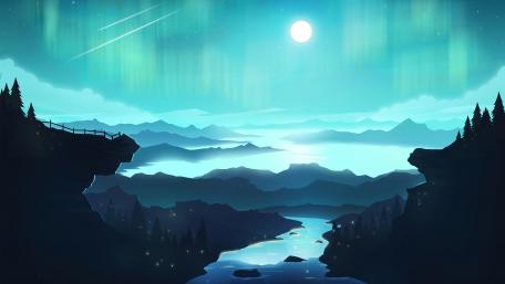 Moonlit Fantasy Landscape with Aurora wallpaper