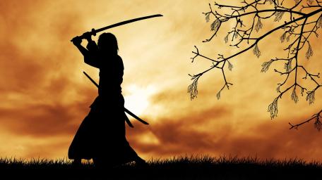 Samurai practicing with his katana in the sunset wallpaper