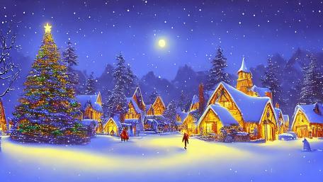 Wintry snowy village wallpaper