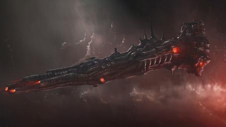 Dark Futuristic Spaceship Floating in Cosmic Abyss wallpaper