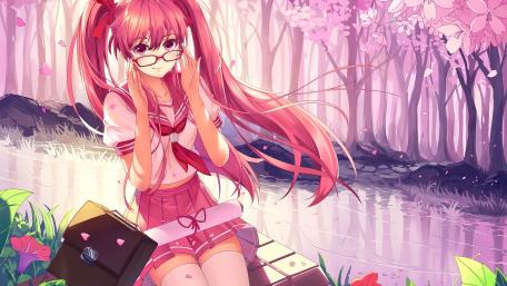 Pink-haired Schoolgirl by the Riverside wallpaper