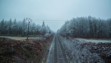 Silent Winter Railway Pathway Amidst Frosted Forests wallpaper