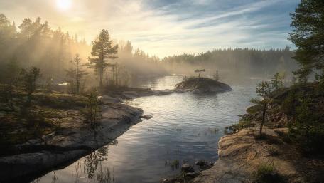 Serene Misty River Sunrise wallpaper