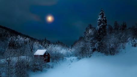 Winter Night Moonlit Cottage wallpaper