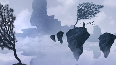 Samurai's Quest on Mystical Floating Islands wallpaper