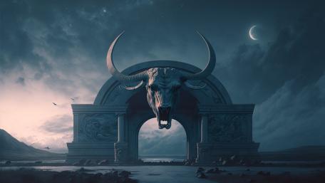 Mysterious Midnight Landscape with Bull Skull Decoration wallpaper
