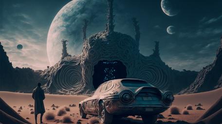 Futuristic Fantasy Journey through an Enigmatic Landscape wallpaper