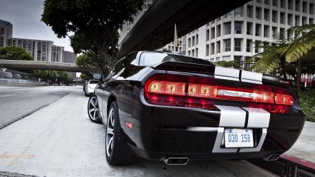 Powerful Dodge Challenger on a City Street Scene wallpaper