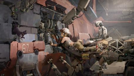 Futuristic Workshop with Robot Mechanics wallpaper