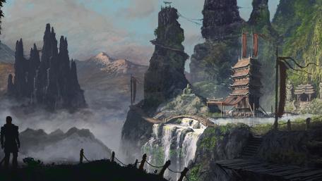 Mystical Mountain Temple Shrouded in Mist wallpaper